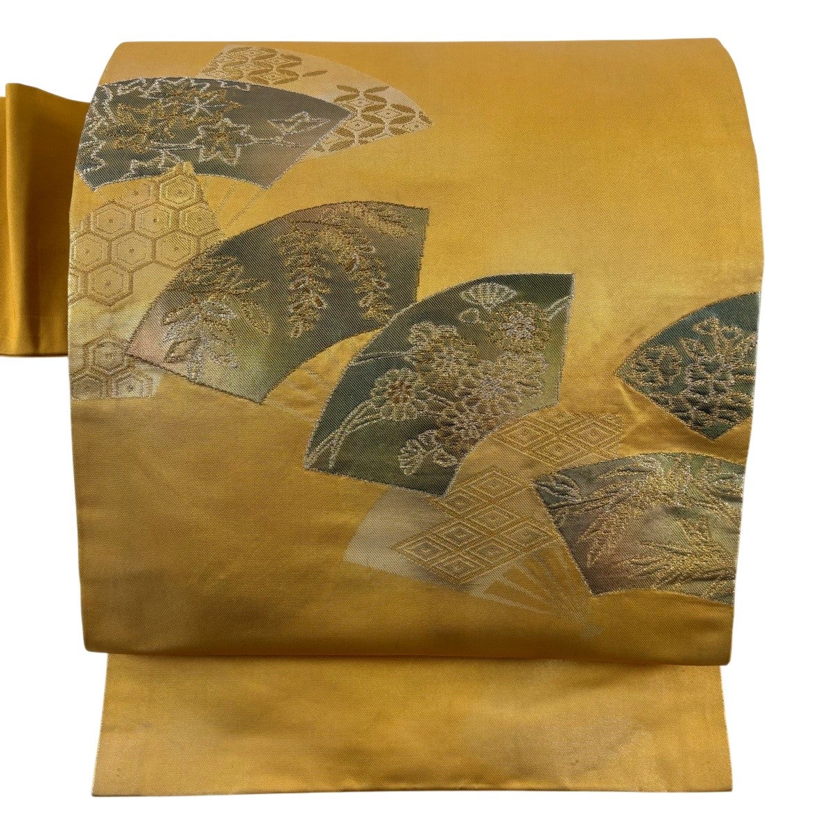 名古屋帯 優品 扇 草花 銀糸 ベージュ 正絹｜中古・古着・リサイクル