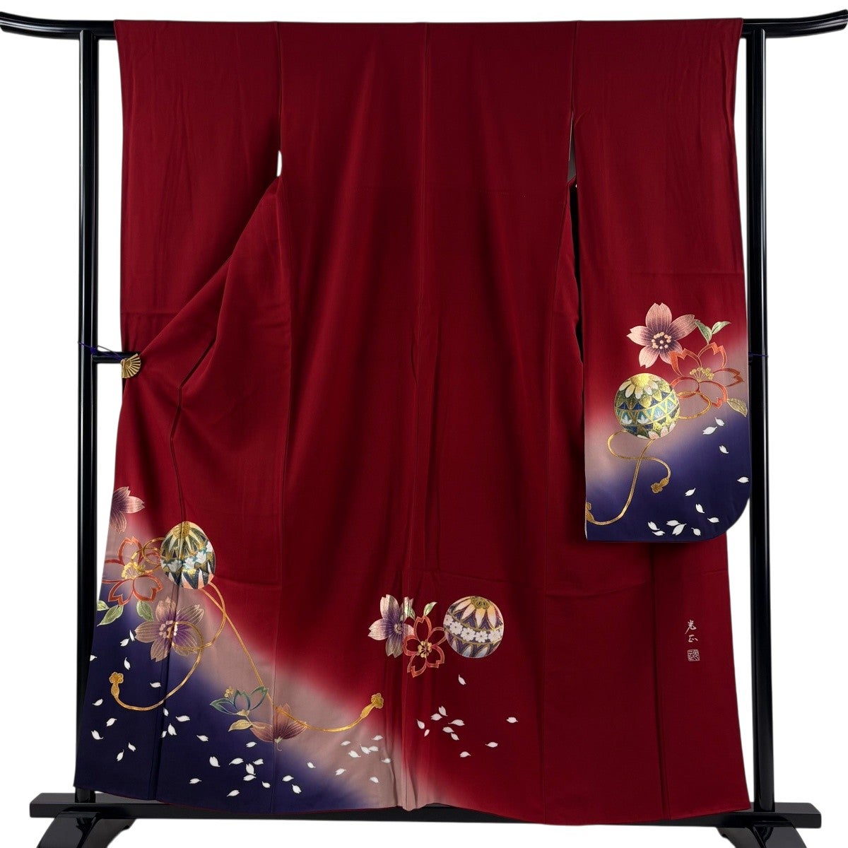 振袖 身丈158cm 裄丈62cm S 袷 和田光正 落款あり 手鞠 桜 金銀彩 ラメ
