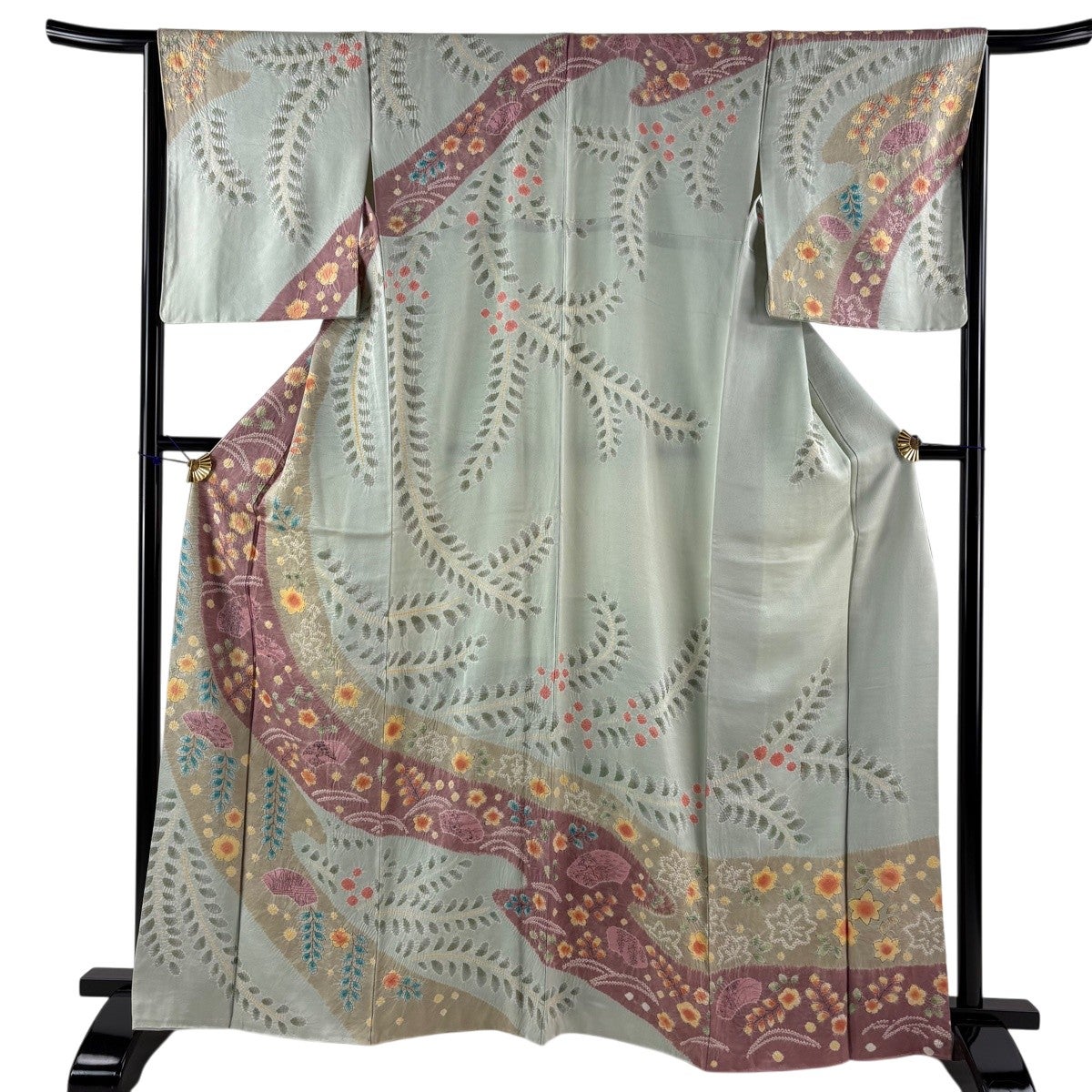 訪問着 身丈169cm 裄丈66.5cm M 袷 草花 絞り 薄緑 正絹 秀品｜中古