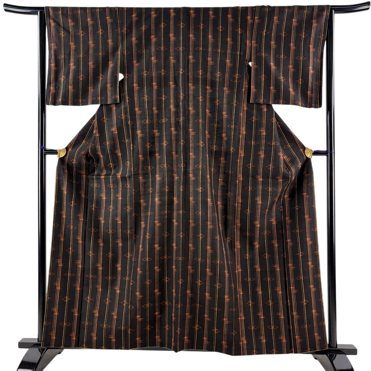 紬 身丈159.5cm 裄丈63.5cm S 袷 縞 燕 焦茶色 正絹 名品｜中古・古着