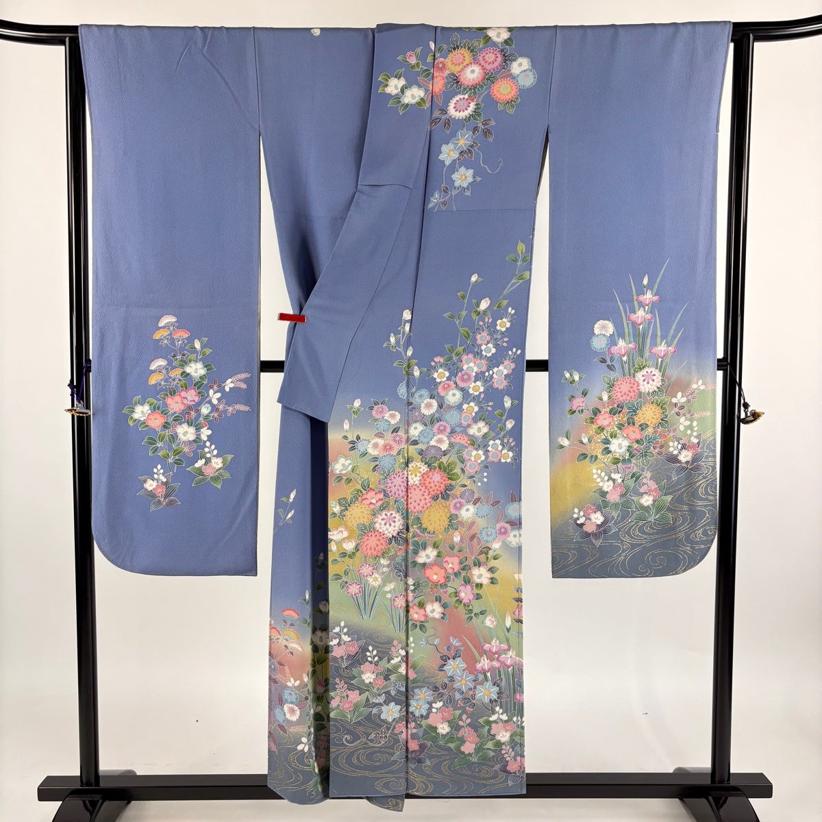 20%OFF 振袖 身丈153cm 裄丈66cm M 袷 草花 流水 青紫 正絹 逸品 K30