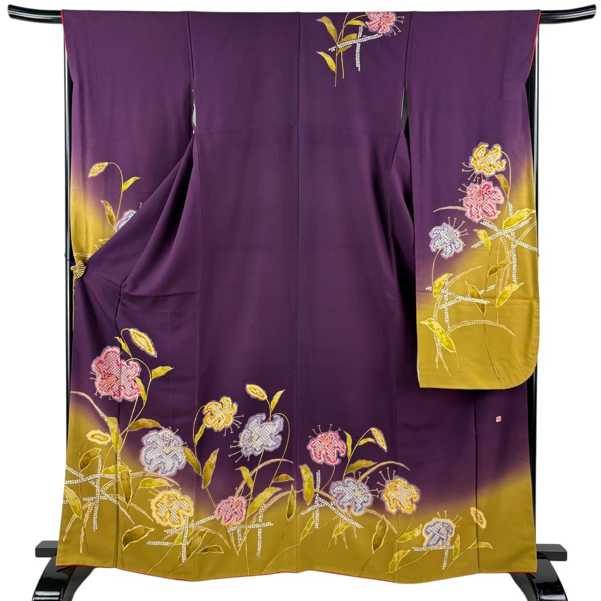 振袖 身丈160cm 裄丈66cm M 袷 地紋 紫 正絹 名品 【中古】 袷 振袖 M