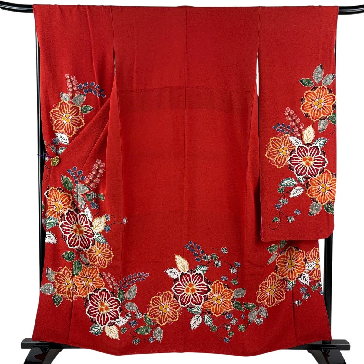 美品】 振袖 身丈166.5cm 裄丈68cm L 袷 草花 藤 金銀彩 絞り 赤 正絹