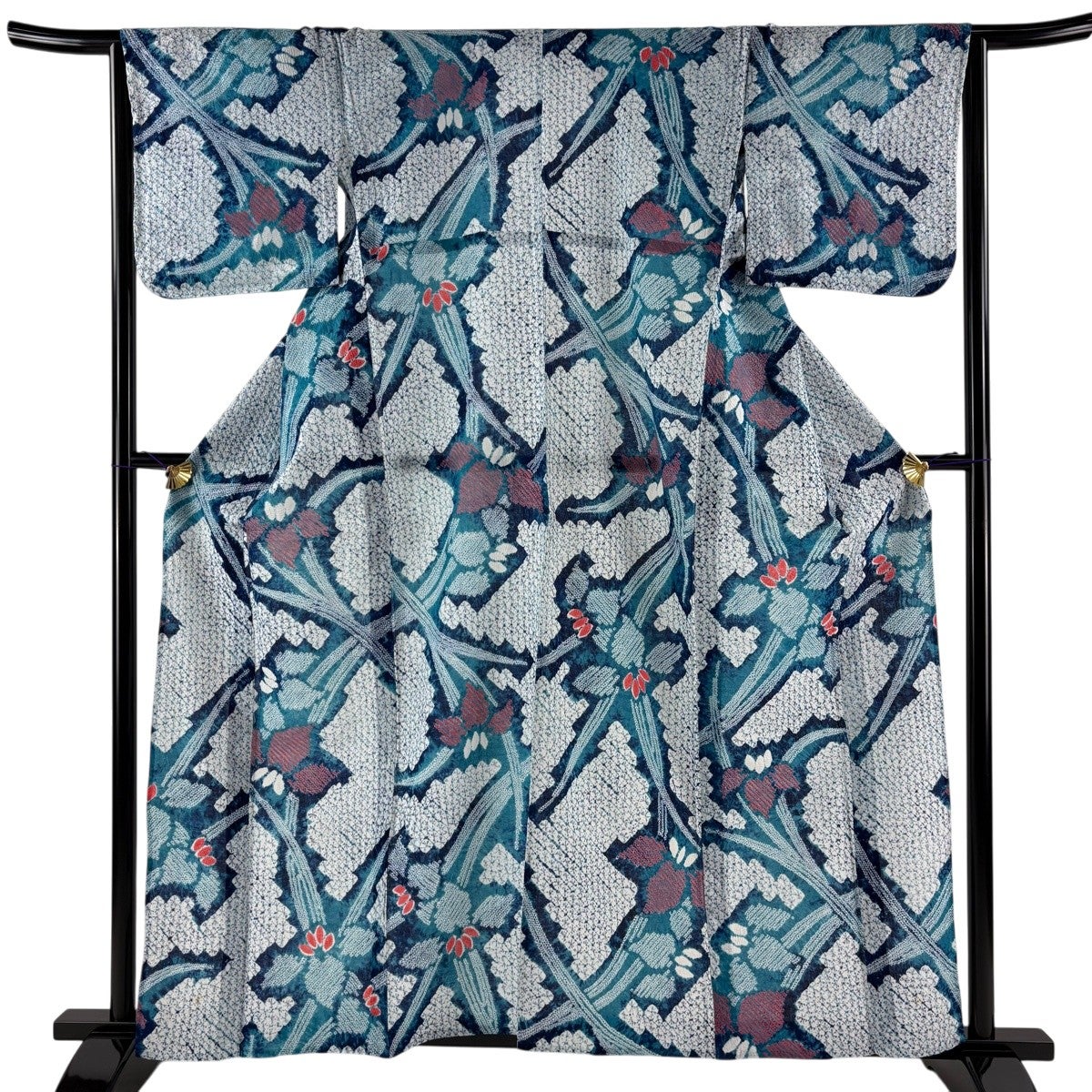 浴衣 身丈158.5cm 裄丈64cm M 絞り浴衣 菖蒲 青緑 綿 名品｜中古・古着
