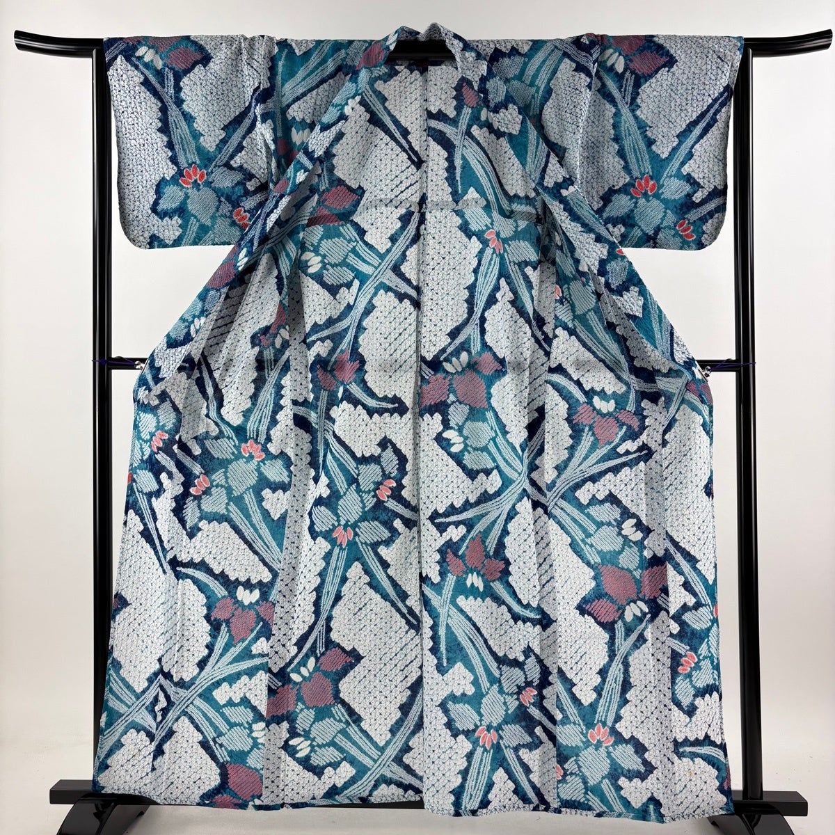 浴衣 身丈158.5cm 裄丈64cm M 絞り浴衣 菖蒲 青緑 綿 名品｜中古・古着