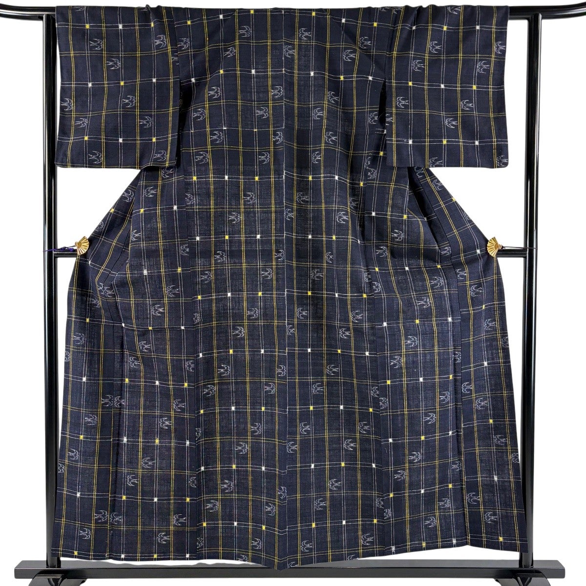 50%OFF 紬 身丈156cm 裄丈62cm S 単衣 燕 格子 濃紺 正絹 秀品 K50