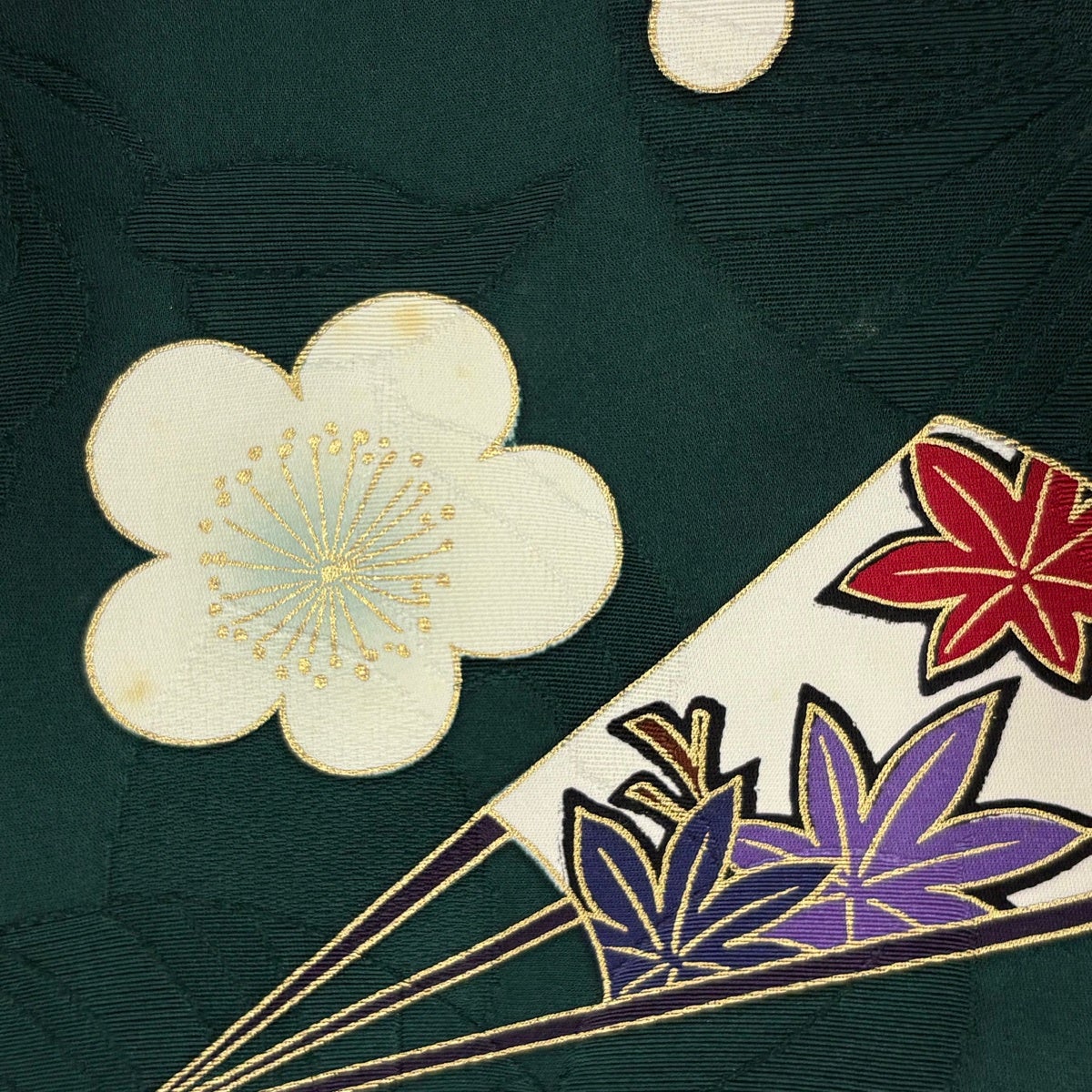 30%OFF 振袖 身丈156cm 裄丈66.5cm M 袷 扇 梅 金糸 金彩 深緑 正絹 秀