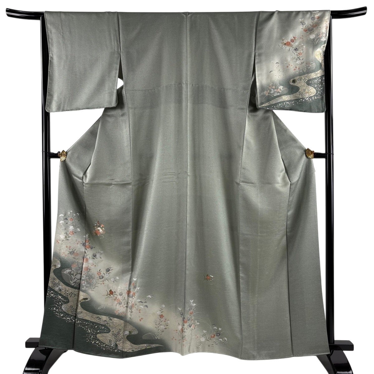 さ*る様 【上質付け下げ】鶴文様・淡青グレー／美品／身丈165 裄68／上品 付下げ 身丈162.5cm 裄丈64.5cm M 袷 鶴 松 螺鈿 金銀彩 薄茶色 正絹