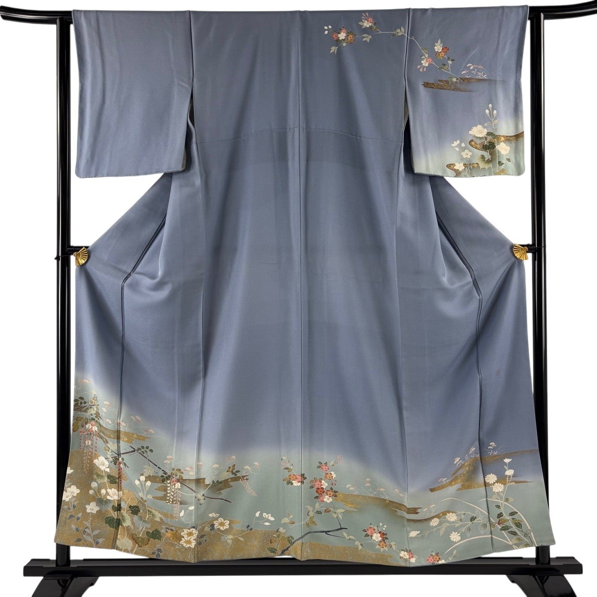 訪問着 身丈155.5cm 裄丈63cm S 袷 落款あり 藤 霞 金彩 染め分け 青