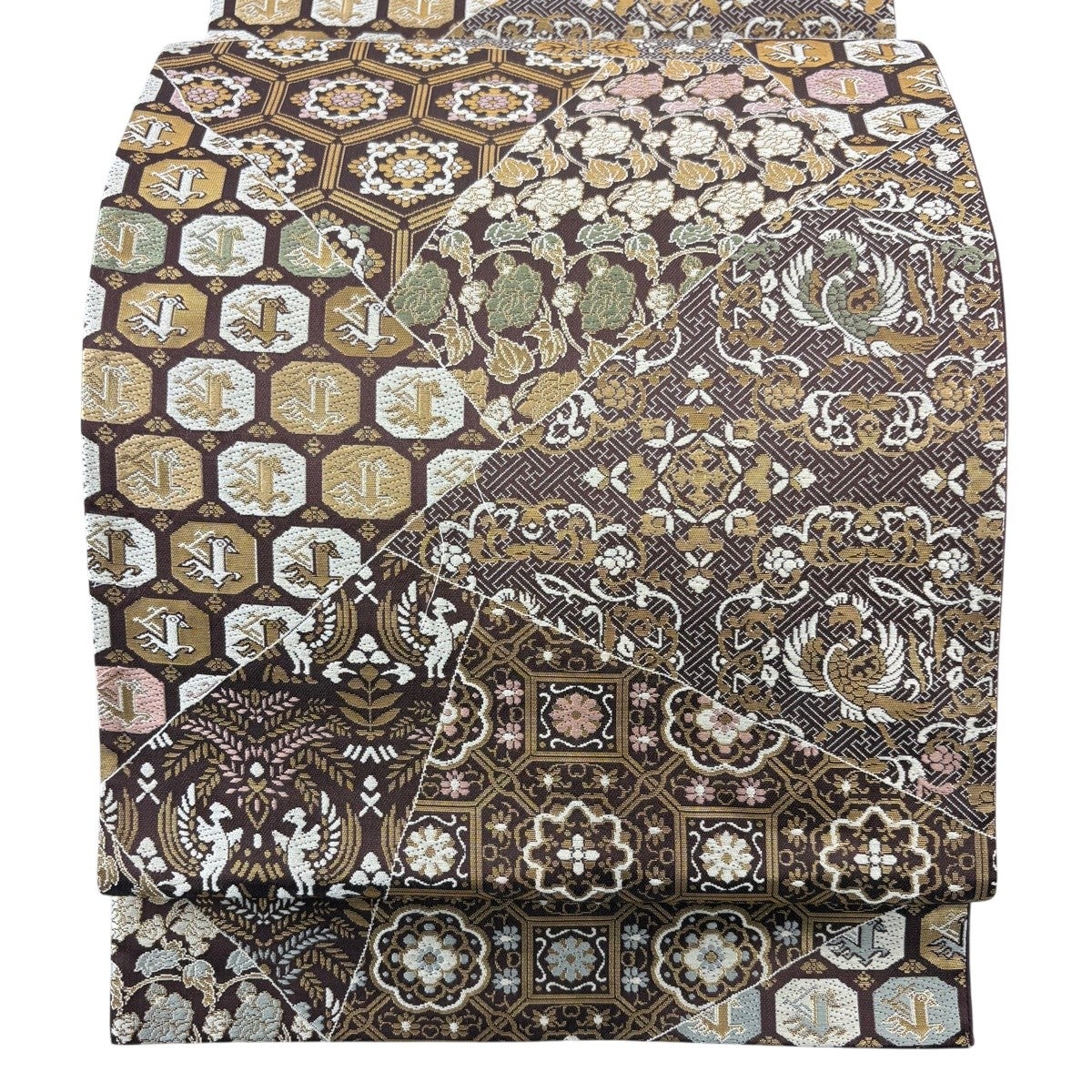 O‐409 西陣袋帯 六通 服部織物 落款 花唐草 狩猟文 金糸箔 美品 O‐409