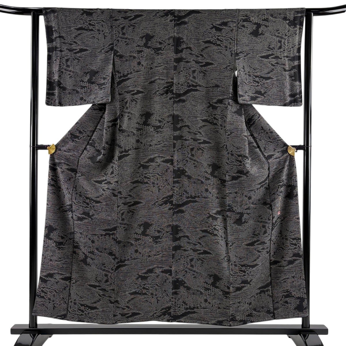 美品】 紬 身丈158cm 裄丈63cm S 袷 樹木 家屋 焦茶色 正絹 逸品|中古 美品】 紬 身丈158cm 裄丈63cm S 袷 樹木 家屋 焦茶色 正絹 逸品|中古