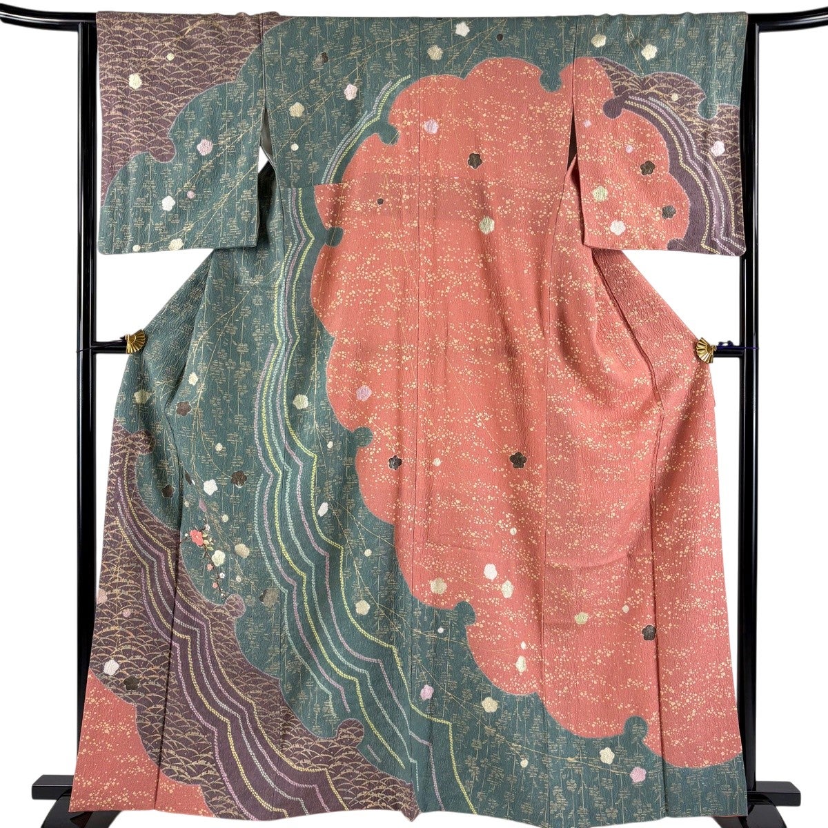 付下げ 身丈165cm 裄丈67cm M 袷 菊 梅 青緑 正絹 秀品｜中古・古着