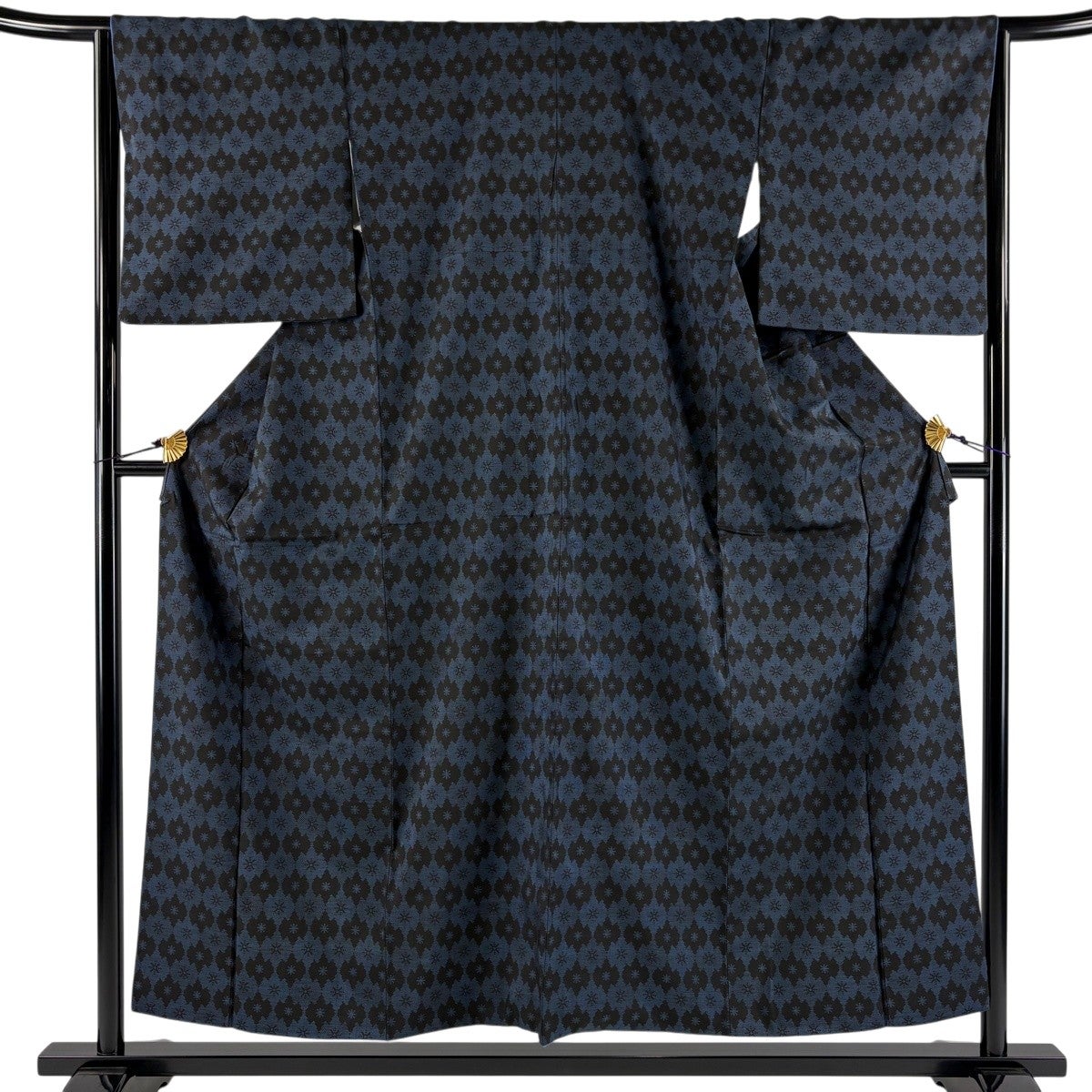 美品】 大島紬 身丈161cm 裄丈65cm M 袷 証紙あり 草花 紺色 正絹 秀品