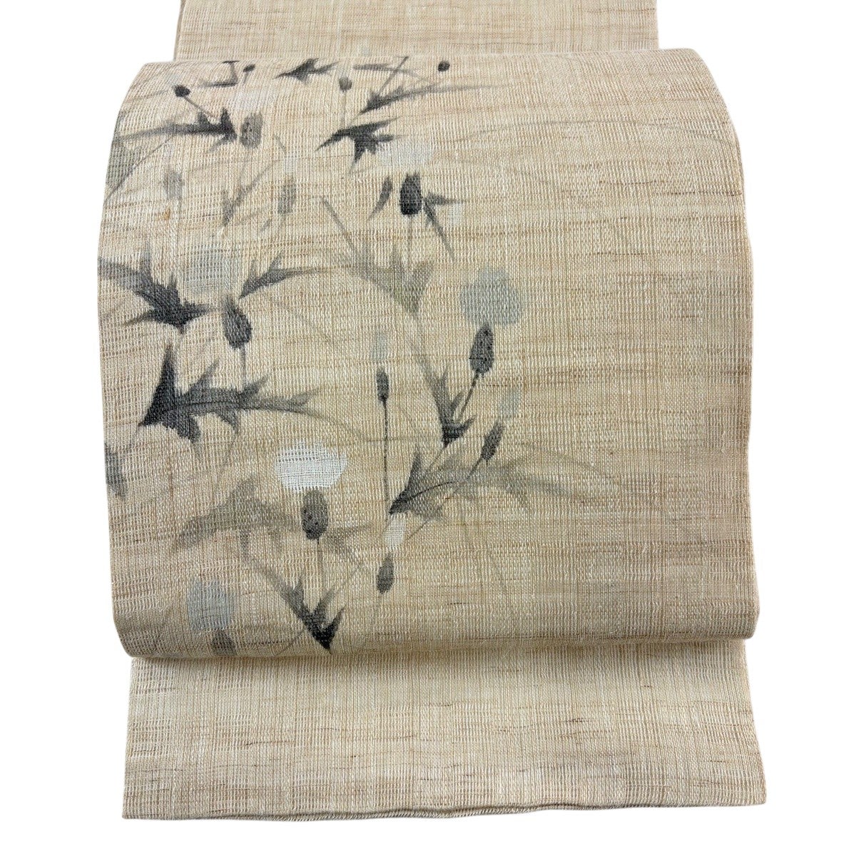 名古屋帯 名品 落款あり 夏帯 草花 トンボ 薄茶色 麻｜中古・古着