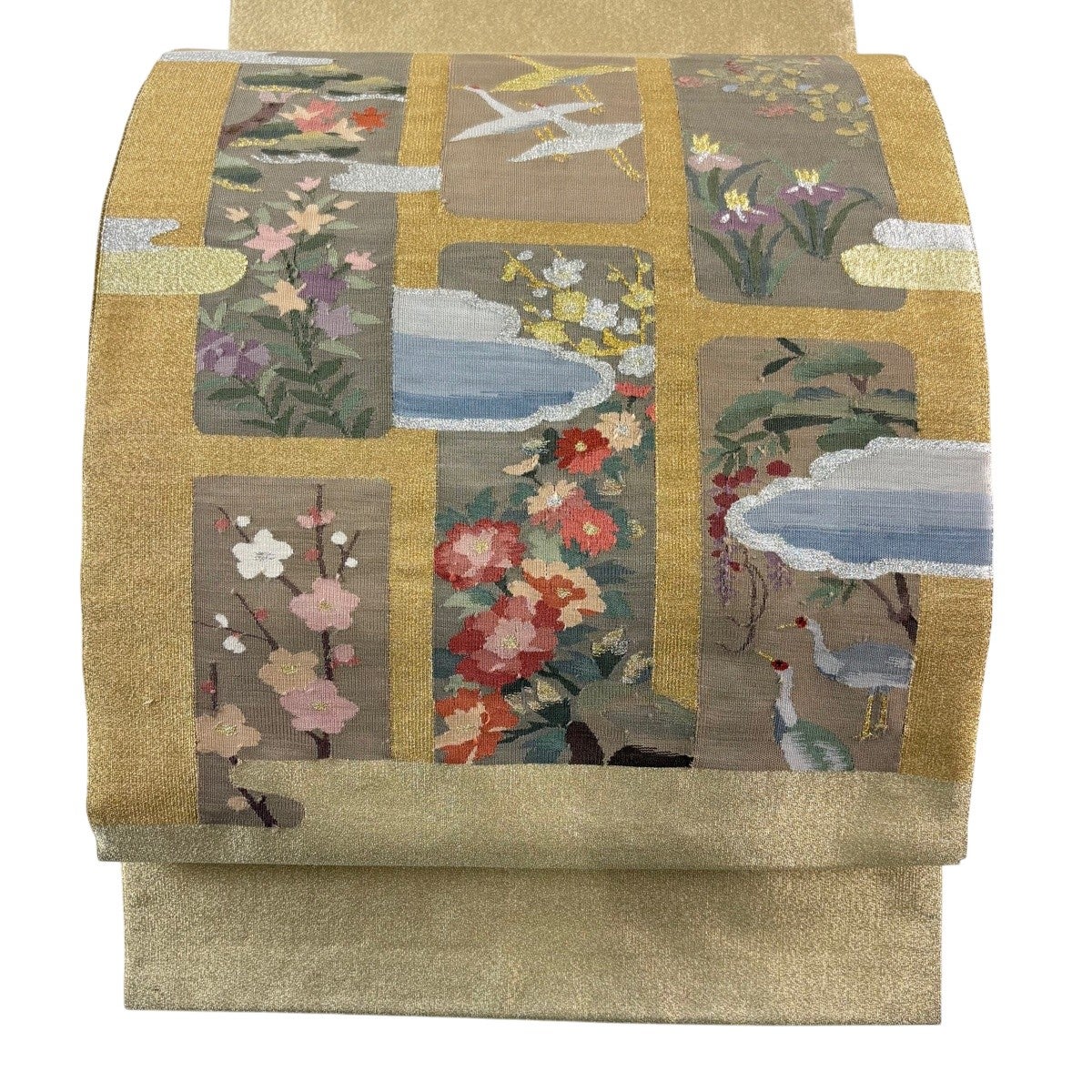 袋帯 名品 花鳥 雲文 金銀糸 金色 お太鼓柄 正絹｜中古・古着