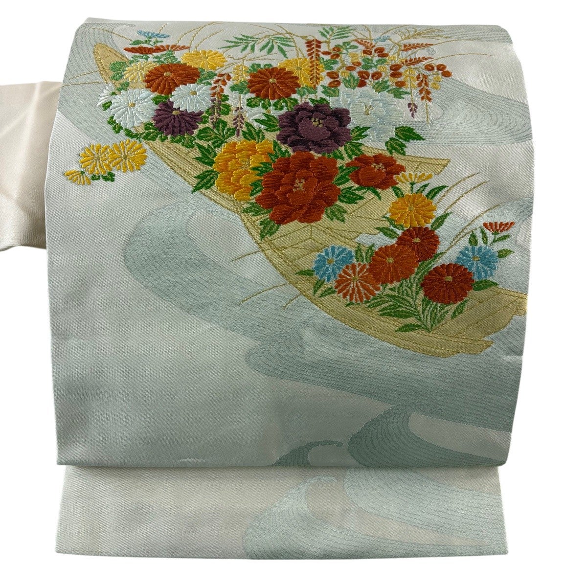 名古屋帯 優品 秋草 舟 金糸 箔 薄ピンク 正絹｜中古・古着