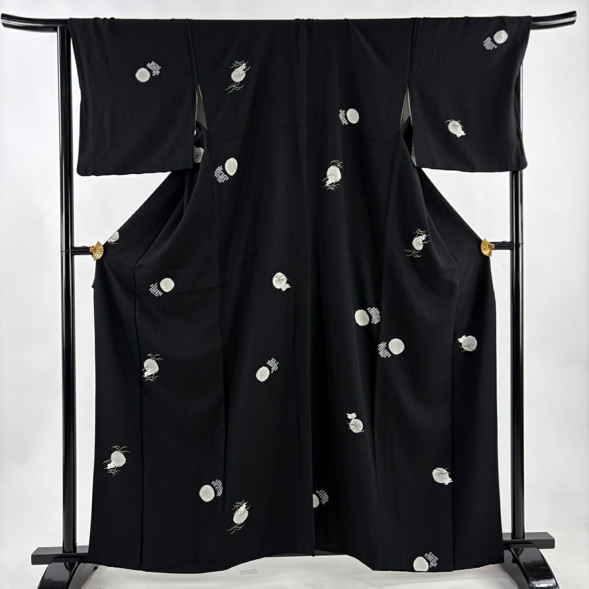 美品】小紋 身丈160cm 裄丈64cm M 袷 名古屋帯セット うさぎ 黒 正絹