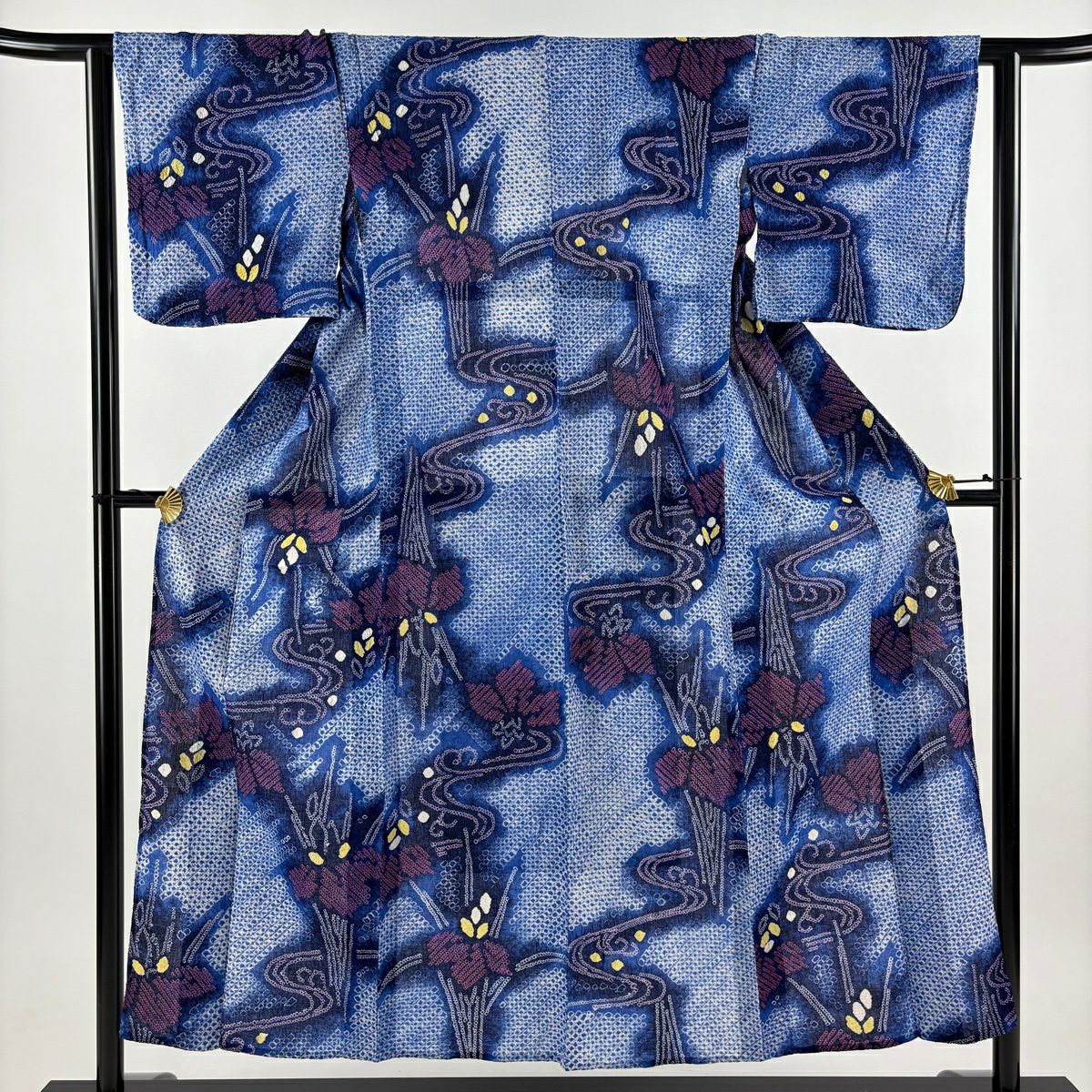 美品】 浴衣 身丈154cm 裄丈63cm S 絞り浴衣 蝶 草花 青緑 綿 名品