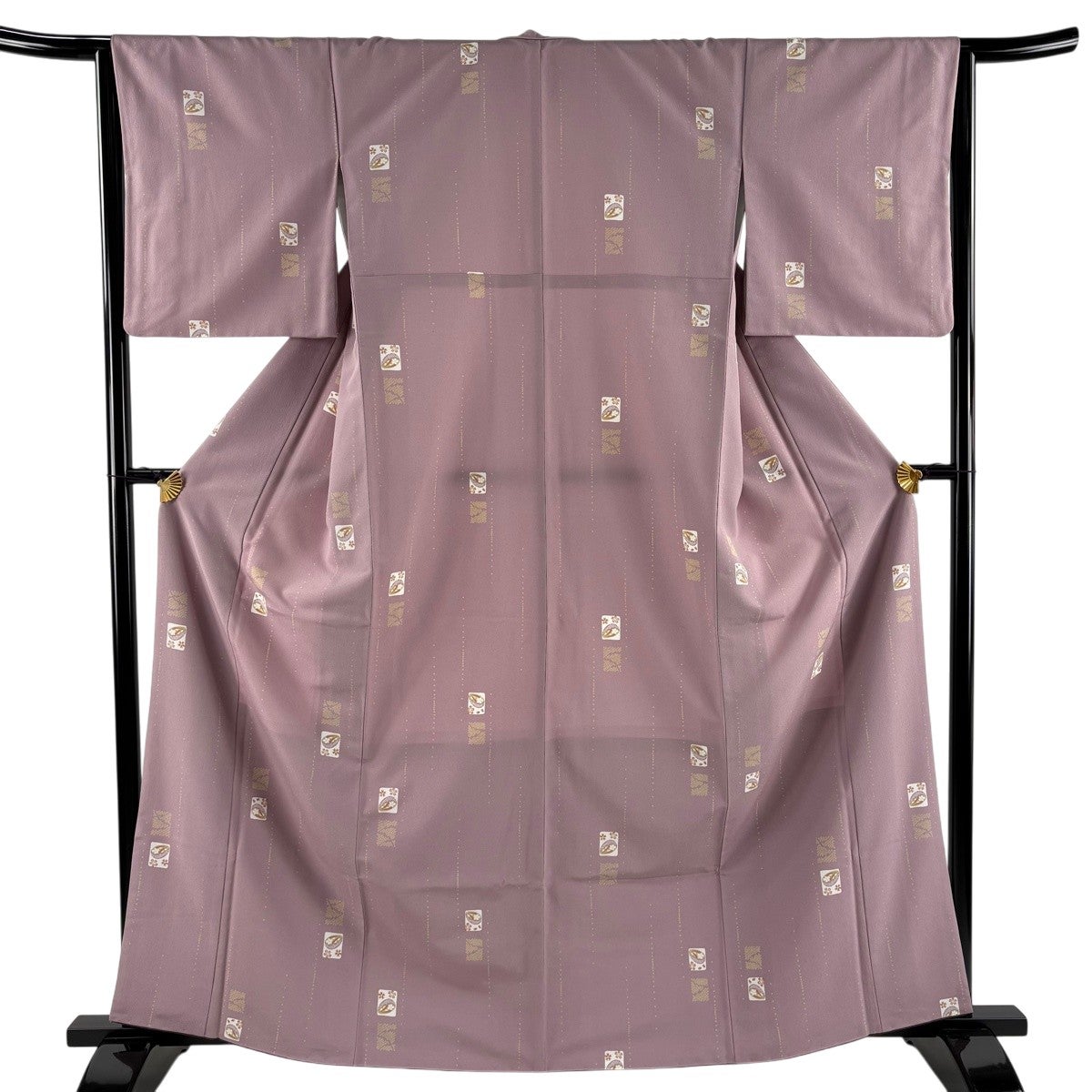 美品】 小紋 身丈159.5cm 裄丈64cm M 単衣 縮緬 格子 茶色 正絹 優品