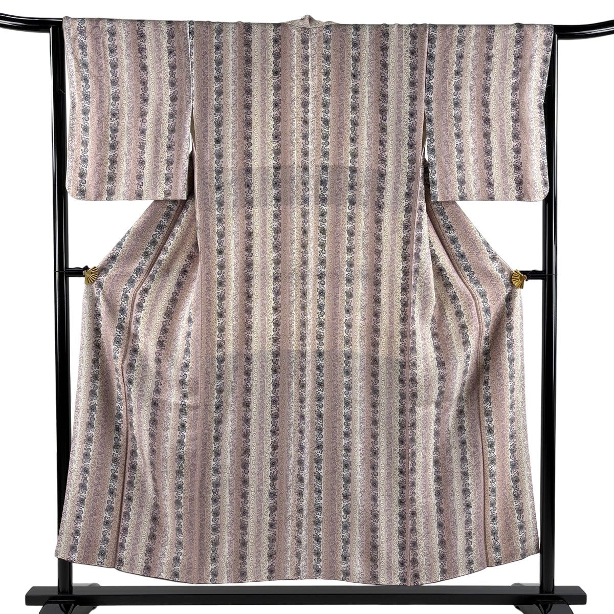 美品】 小紋 身丈159cm 裄丈65cm M 袷 桜 縦縞 金彩 茶紫 正絹 秀品