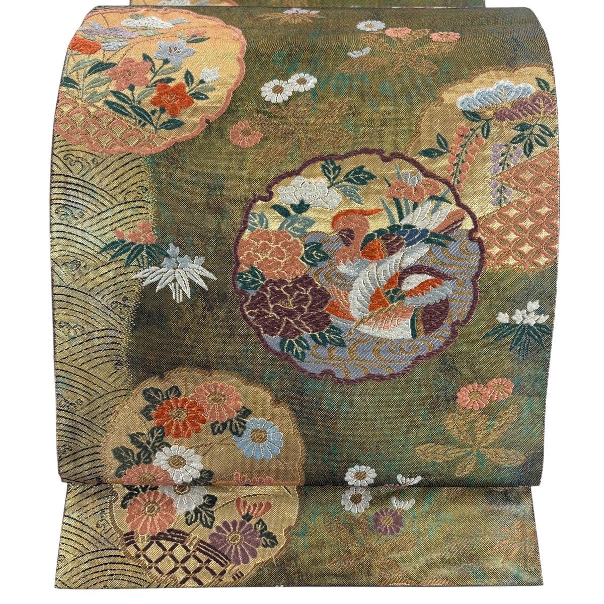明綴れ袋帯　ベージュ　ゴールド　赤濃淡　グリーン　紫　青　唐花　B1247 美品】 袋帯 秀品 亀甲 華文 金糸 箔 灰茶 六通 正絹｜中古・古着