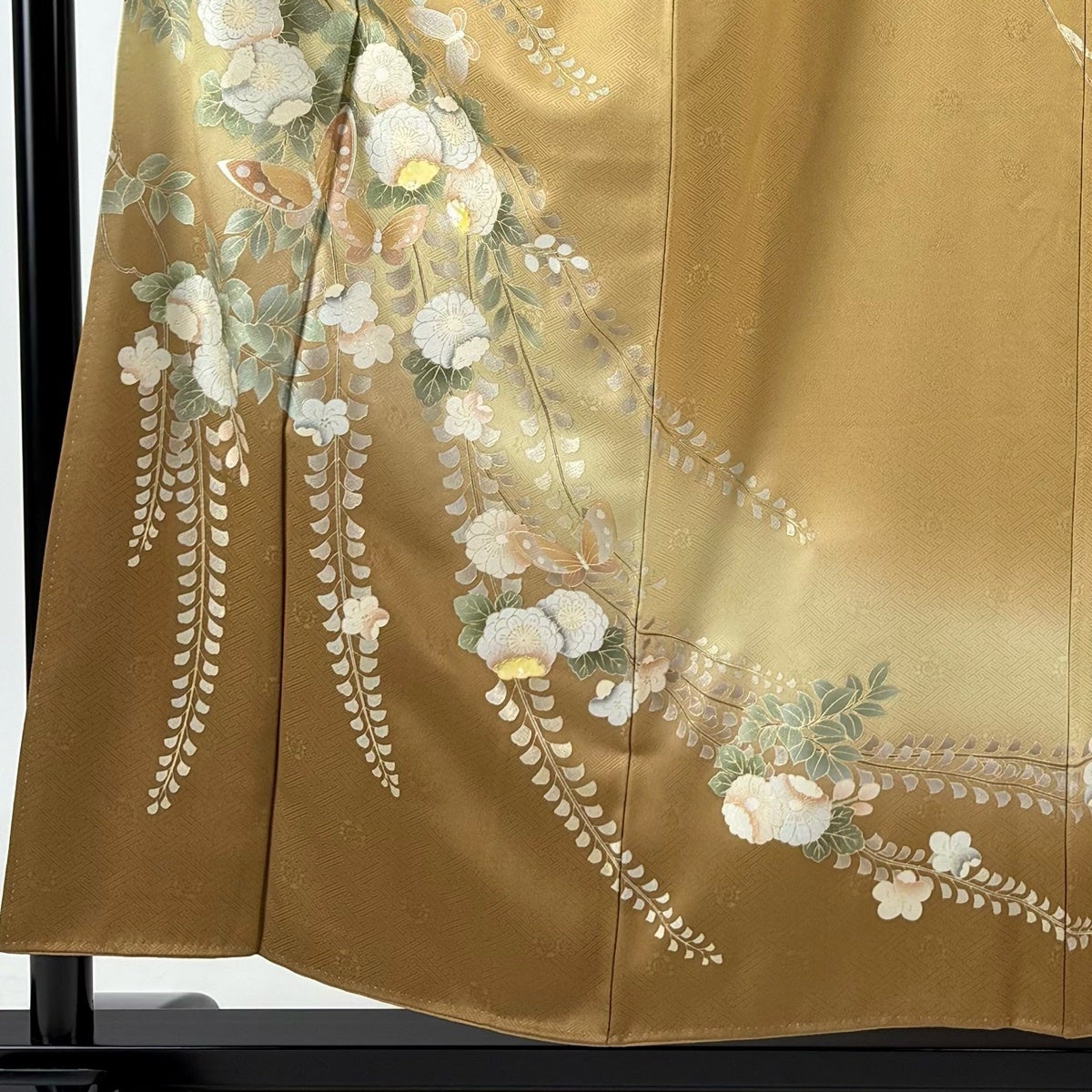 訪問着 身丈154cm 裄丈63.5cm S 袷 菊 蝶 金彩 螺鈿 黄土色 正絹 名品
