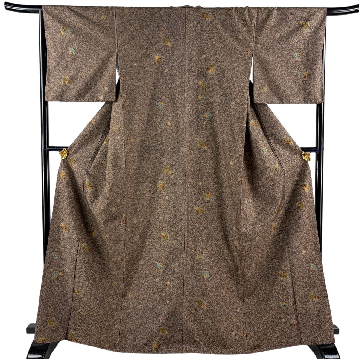 美品】 小紋 身丈165.5cm 裄丈66.5cm M 袷 紬地 草花 短冊 絞り 茶紫