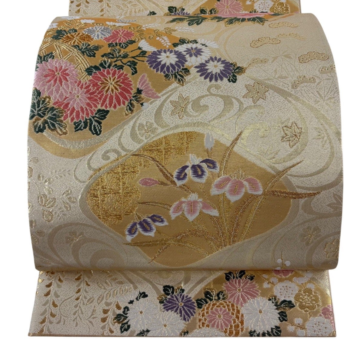 袋帯 秀品 桜 流水 金銀糸 箔 ベージュ 六通 正絹｜中古・古着