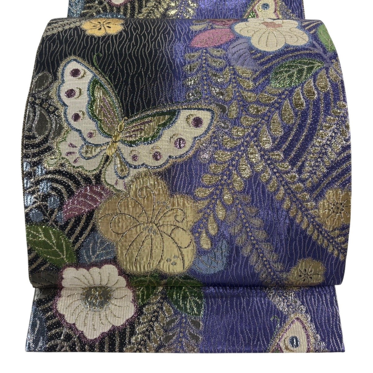 美品】 袋帯 秀品 振袖向き 蝶 草花 箔 青紫 六通 正絹｜中古・古着