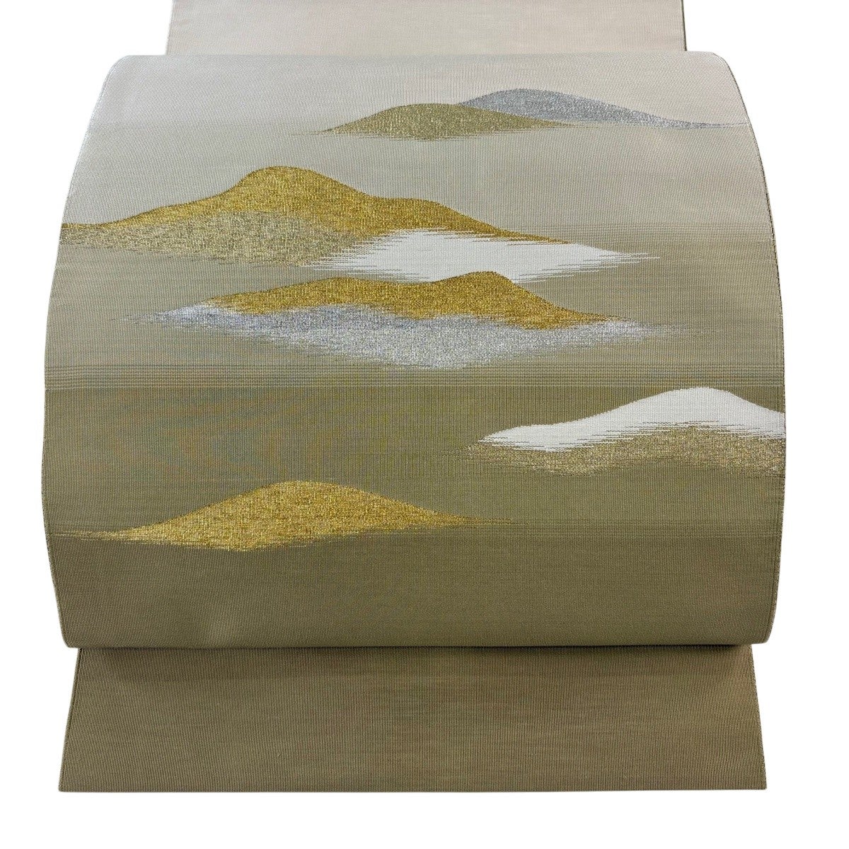 美品】 名古屋帯 秀品 八寸名古屋帯 松葉仕立て 山並み 金銀糸 鶯色