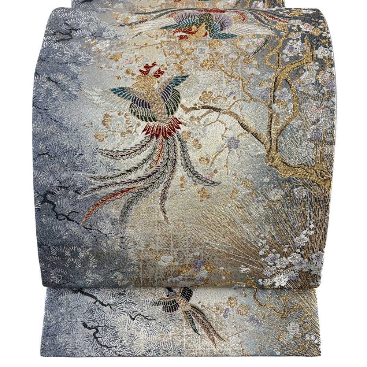 袋帯 秀品 絵箔螺鈿 文箱 琵琶 金彩 灰色 お太鼓柄 正絹｜中古・古着