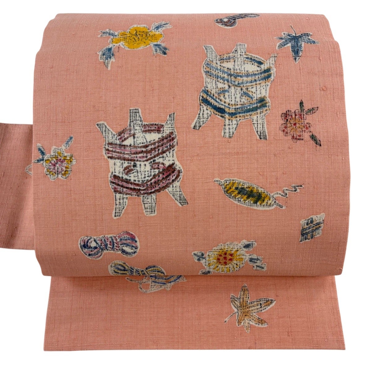 美品】 名古屋帯 優品 流水 金糸 箔 サーモンピンク 正絹｜中古・古着