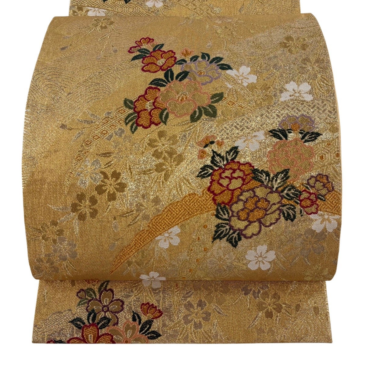 【E20】着物 鈴乃屋 正絹 六通袋帯 金糸 美品 袋帯 秀品 鈴乃屋 草花 雪芝 唐織 箔 金色 六通 正絹｜中古・古着