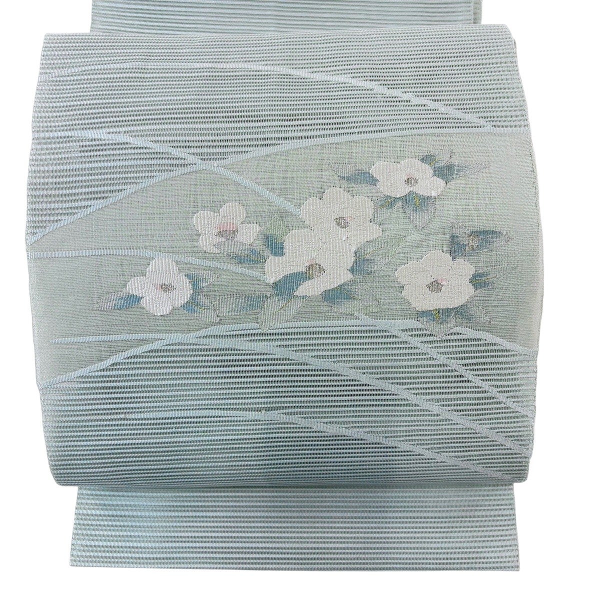 名古屋帯 絹 絽 夏用 白色ｘシルバーｘグレーｘ薄青色 芯入り 刺繍入り 箔入り 菊に萩模様 お太鼓柄 名古屋仕立て 着物帯 長さ353cm 【キモノオフ野々市若松店】 名古屋帯 秀品 夏帯 絽 八寸名古屋帯 松葉仕立て 霞 金銀糸 クリーム