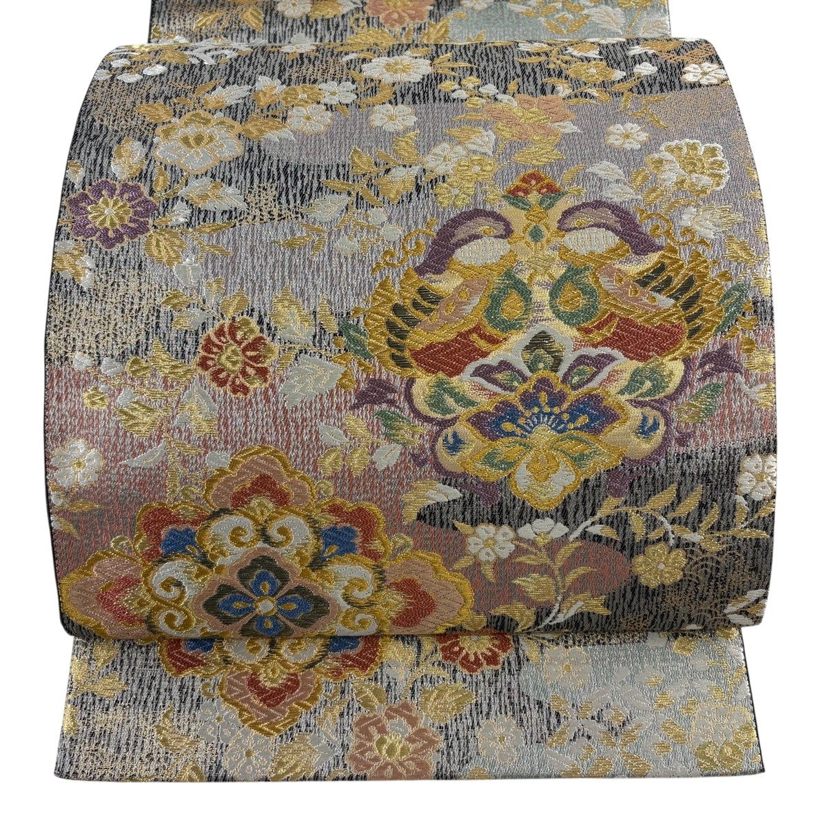 美品】 袋帯 秀品 華彩更紗文 唐織 金銀糸 黒灰 六通 正絹｜中古・古着