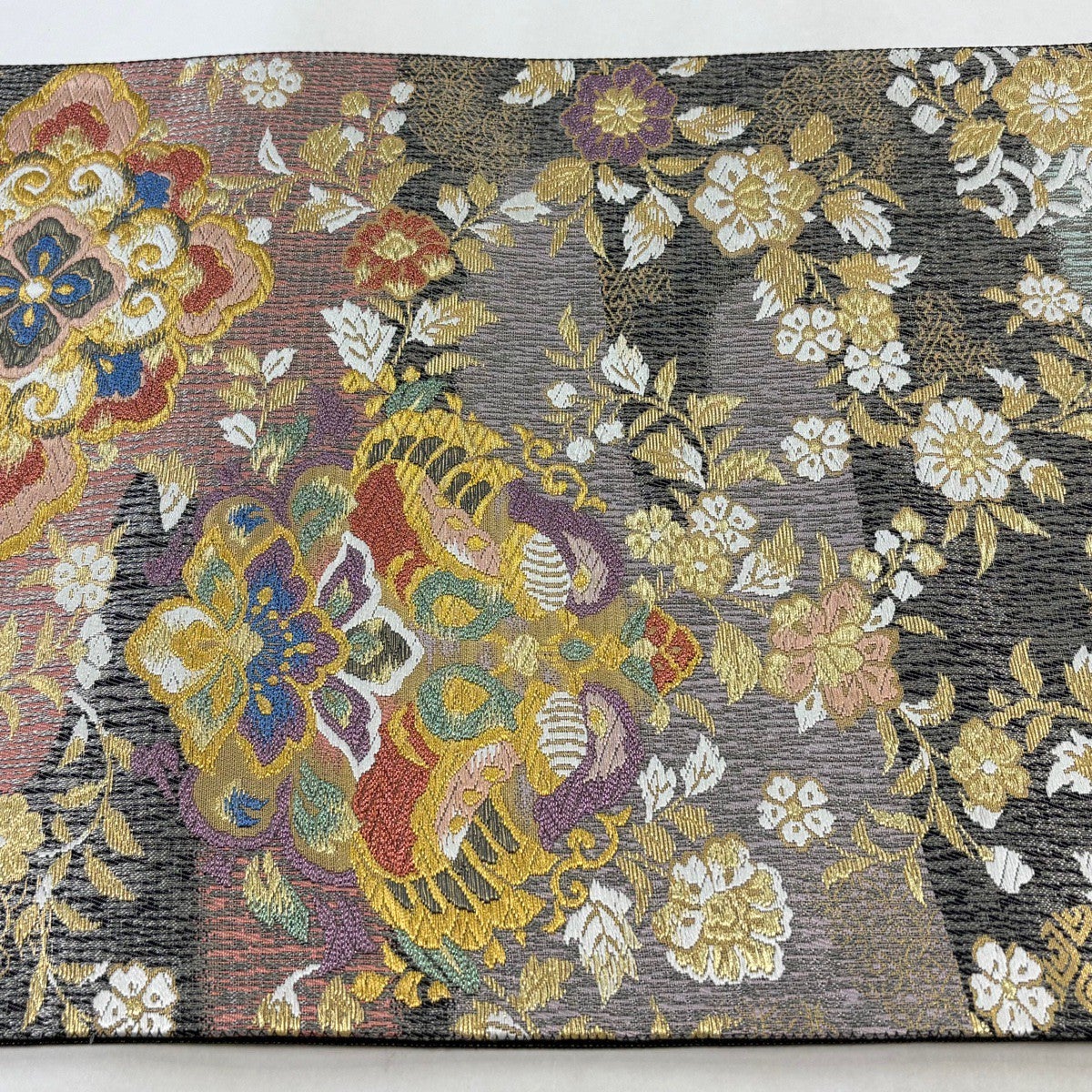 美品】 袋帯 秀品 華彩更紗文 唐織 金銀糸 黒灰 六通 正絹｜中古・古着
