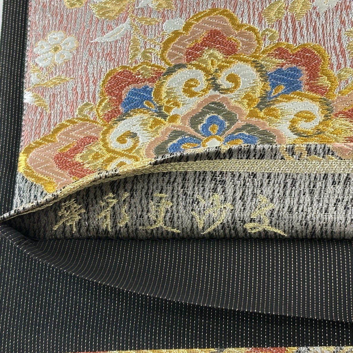 美品】 袋帯 秀品 華彩更紗文 唐織 金銀糸 黒灰 六通 正絹｜中古・古着