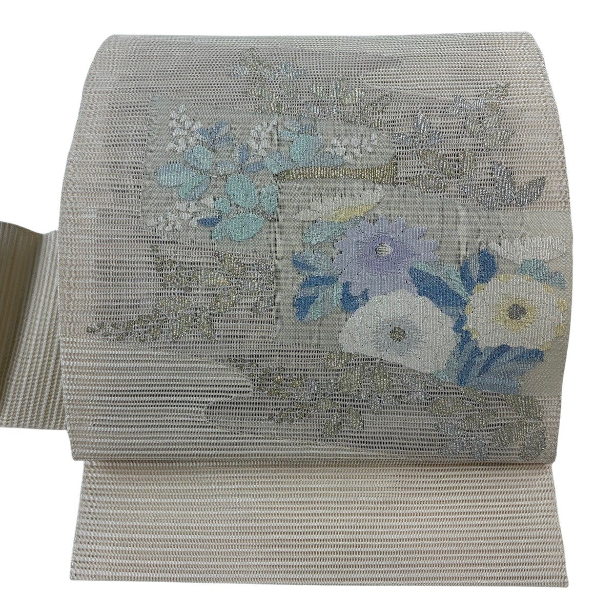 美品】 名古屋帯 秀品 夏帯 絽 八寸名古屋帯 菊 萩 金銀糸 薄茶色 正絹