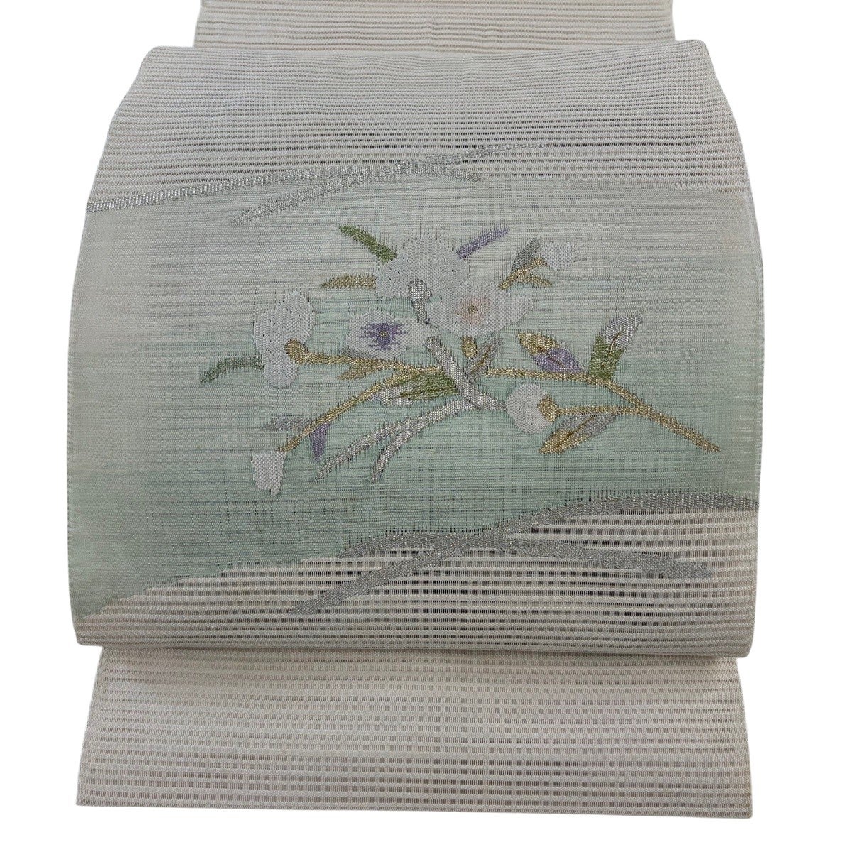 絹 名古屋帯 六通　シルバー箔　正装用にも　夏帯 草花柄ベージュ 銀糸刺繍 美品】 名古屋帯 秀品 夏帯 草花 銀糸 灰色 正絹｜中古・古着