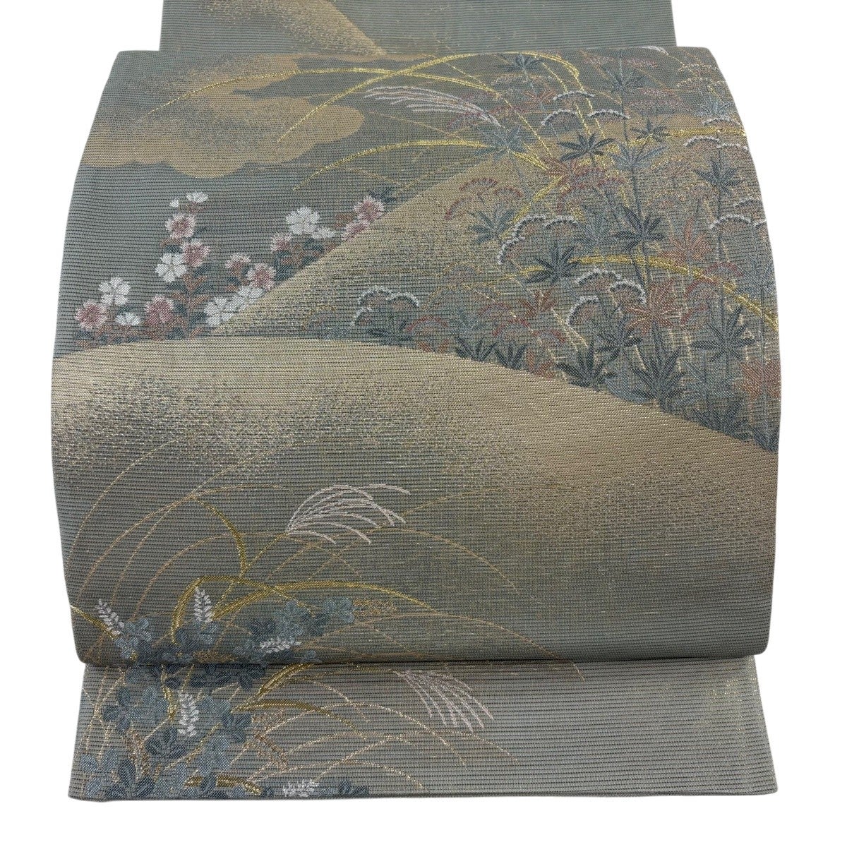 袋帯 逸品 夏帯 紗 扇 秋草 金糸 箔 黒 六通 正絹｜中古・古着