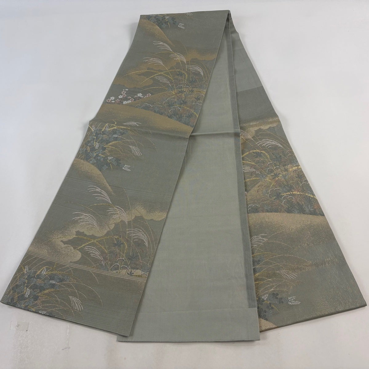 袋帯 秀品 夏帯 紗 秋草 雲文 金糸 箔 灰緑 六通 正絹｜中古・古着