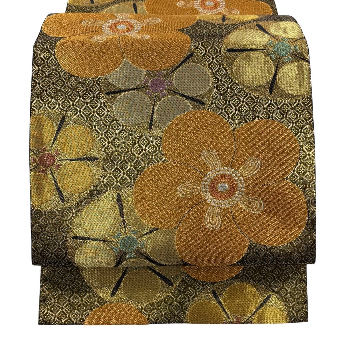 袋帯 秀品 振袖向き 扇 草花 箔 金糸 ベージュ 六通 正絹｜中古・古着