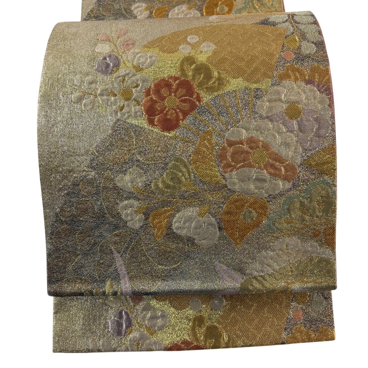 袋帯 秀品 振袖向き 扇 草花 箔 金糸 ベージュ 六通 正絹｜中古・古着