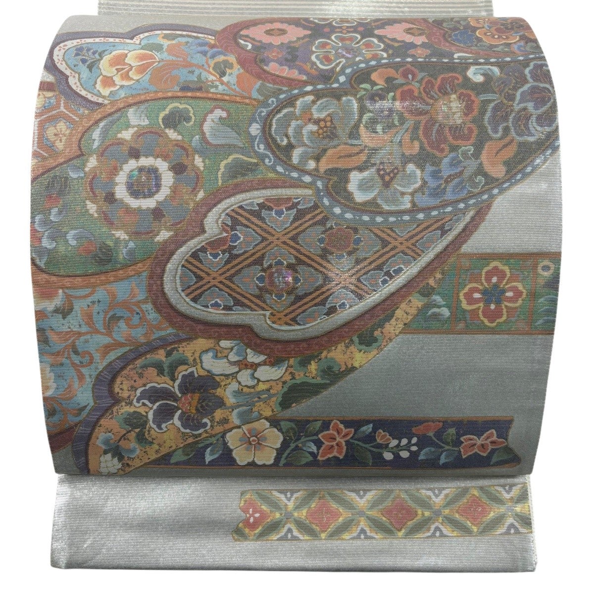 50%OFF 袋帯 秀品 菊 笹 金彩 螺鈿箔 銀色 お太鼓柄 正絹 K50｜中古