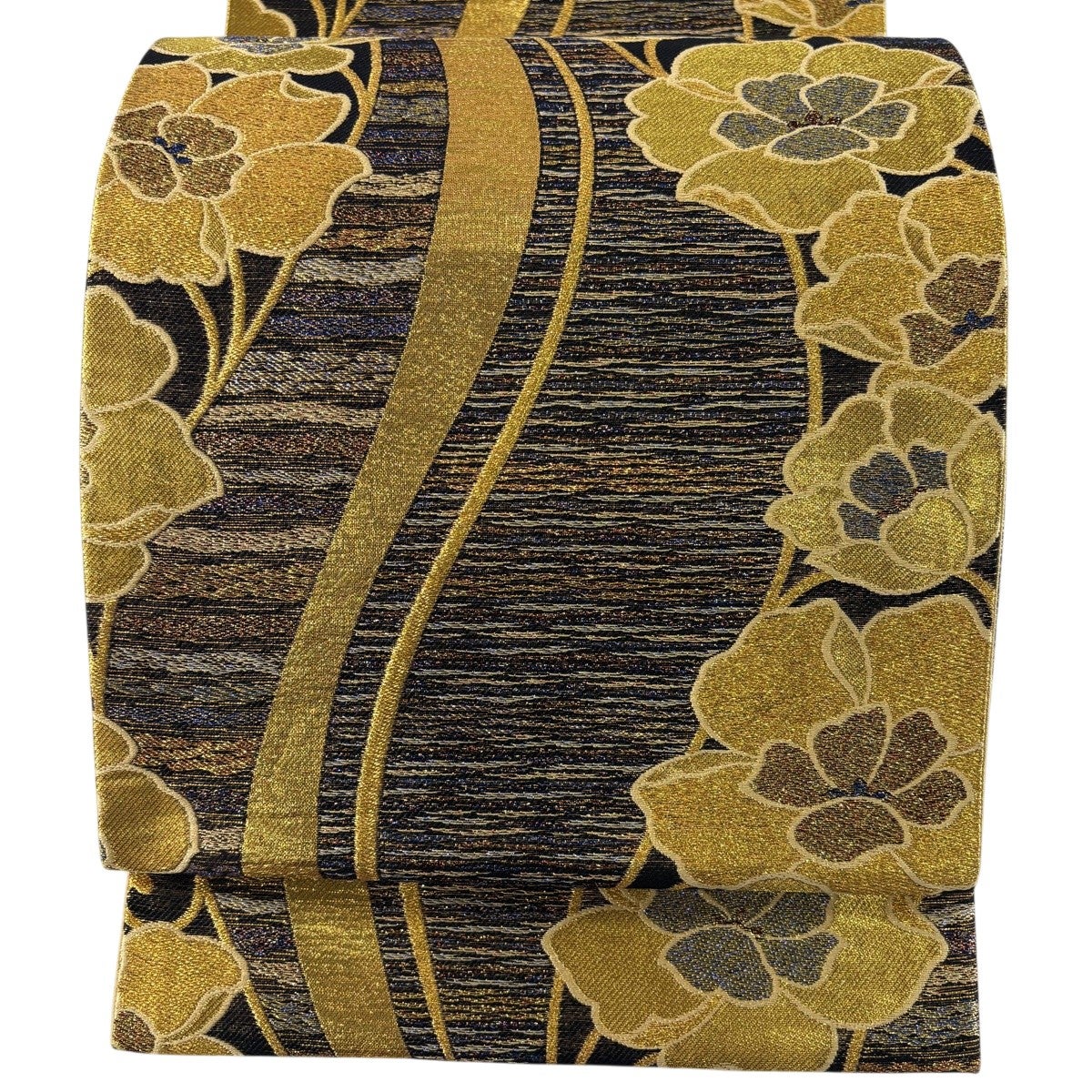 30%OFF 【美品】 袋帯 秀品 草花 縞 金糸 箔 黒 六通 正絹 K30｜中古