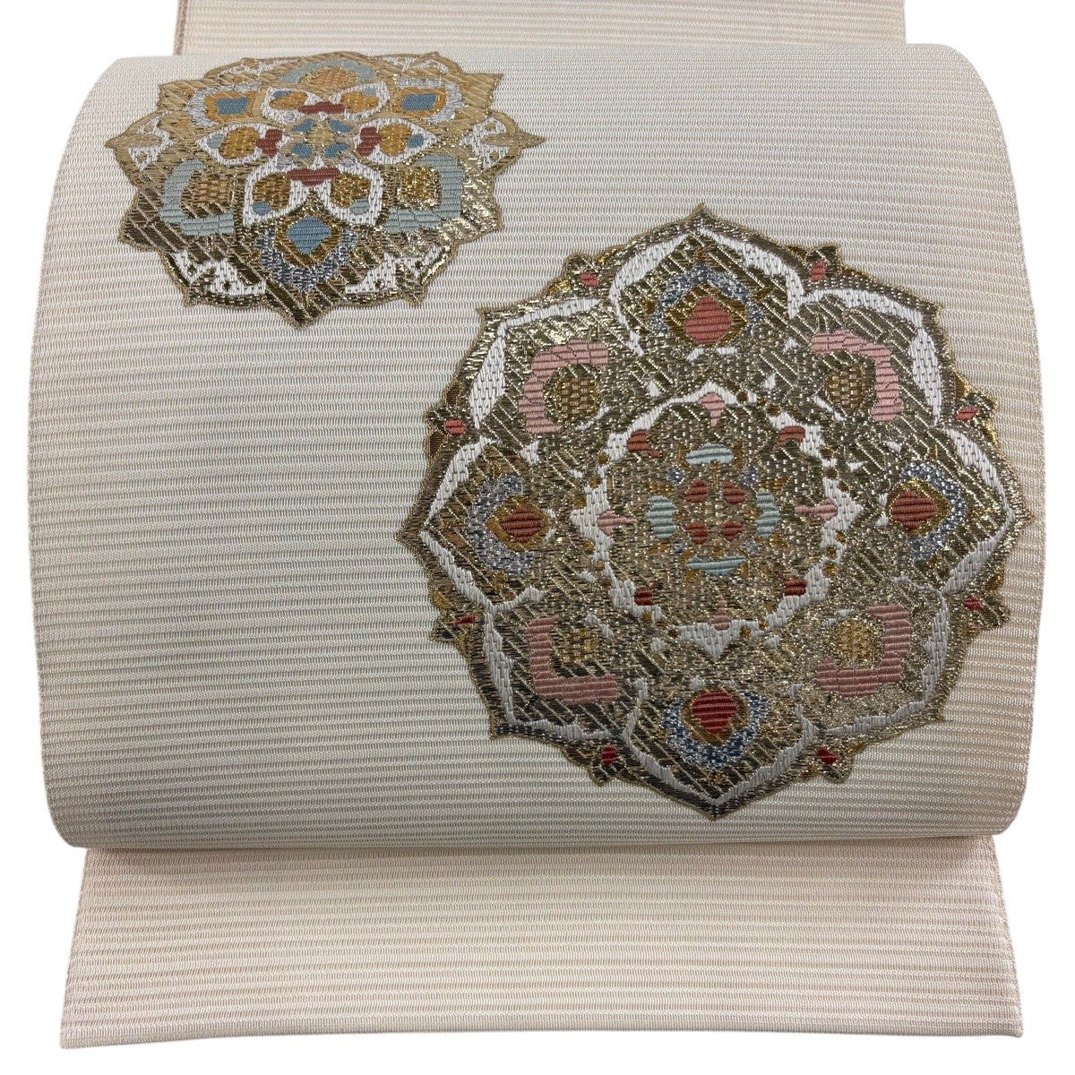 袋帯 秀品 夏帯 絽 華文 箔 金糸 クリーム お太鼓柄 正絹｜中古・古着