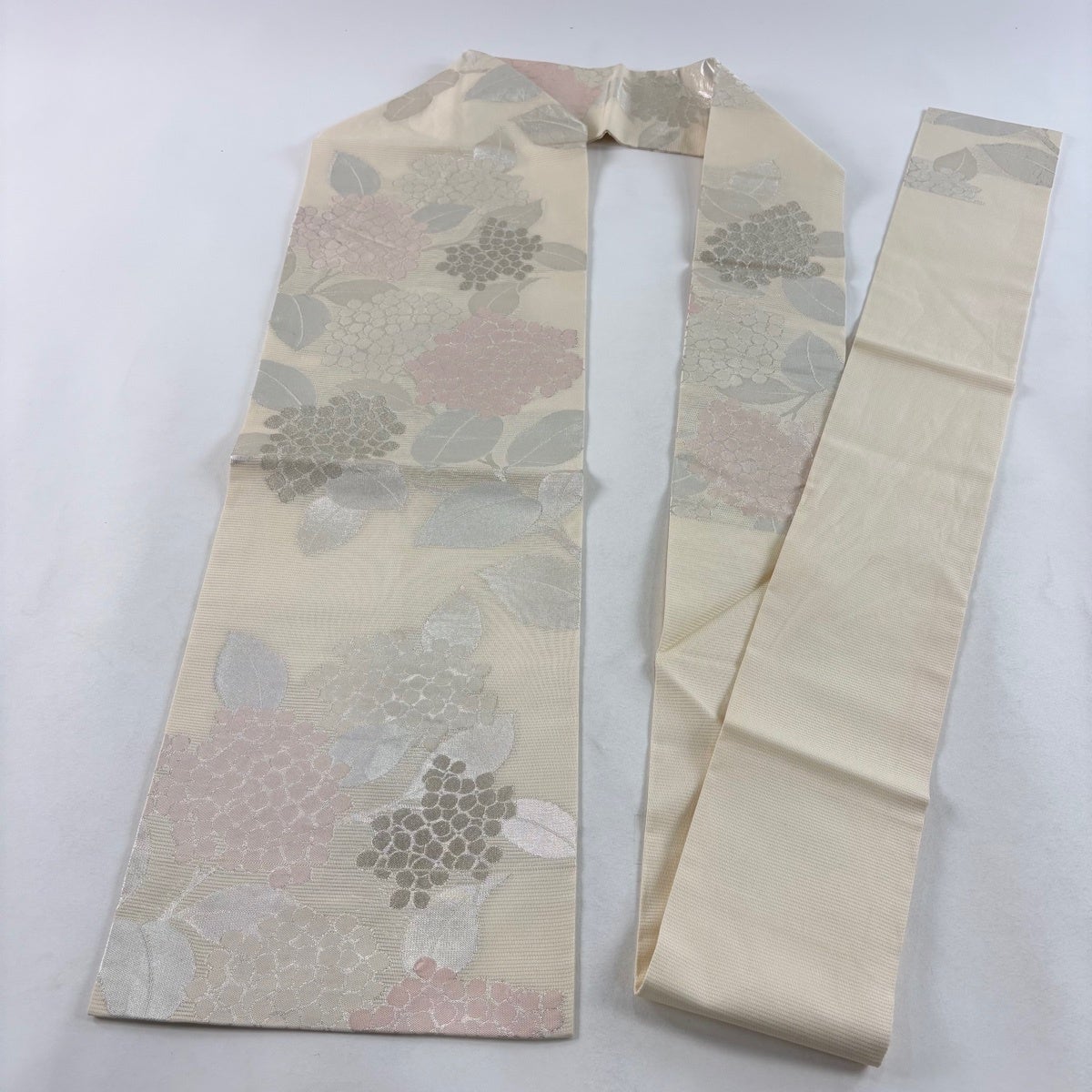 名古屋帯 秀品 夏帯 絽 紫陽花 銀糸 箔 クリーム 正絹｜中古・古着