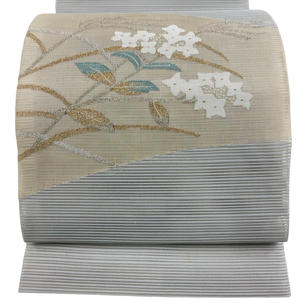 名古屋帯 秀品 夏帯 絽 松葉仕立て 八寸名古屋帯 草花 金銀糸 ベージュ