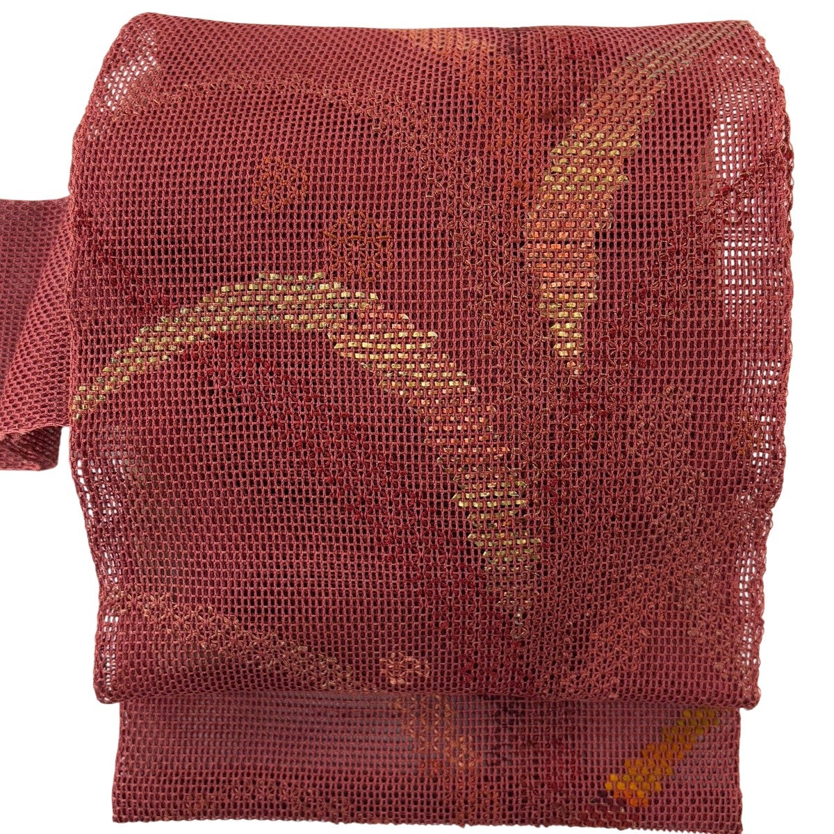 名古屋帯 秀品 夏帯 羅 八寸名古屋帯トンネル仕立て 葉柄 箔 金糸 赤茶