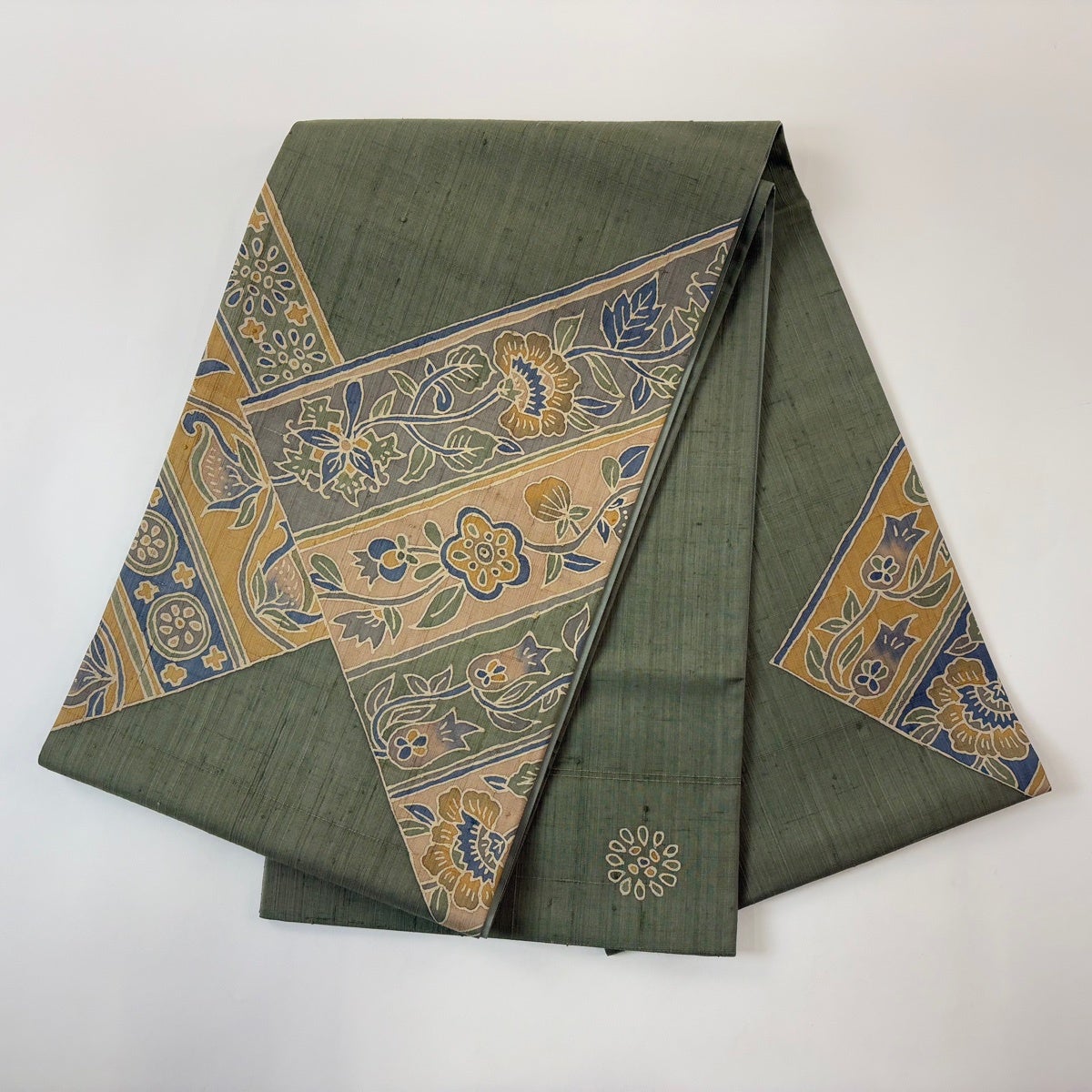 袋帯 秀品 紬地 草花 縞 深緑 お太鼓柄 正絹｜中古・古着・リサイクル